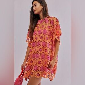 Free People Women’s Size S Audrey Pink & Orange Crochet T-shirt Mini Dress